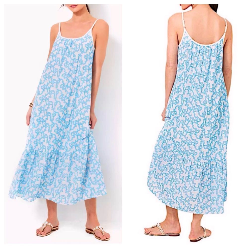 Lilly Pulitzer Amerie Midi Dress Embroidered Blue White A-line XL NWT